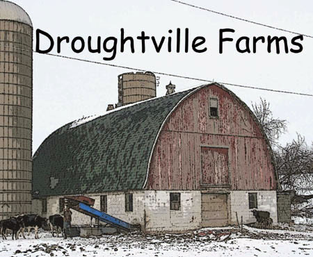 used for dv business card Red barn at Droughtville Farms with a green roof, surrounded by silos and grazing cows, set against a snowy landscape.